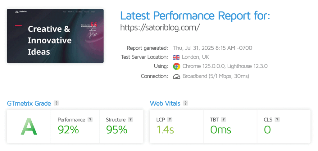 Hostinger speed: GTMetrix test