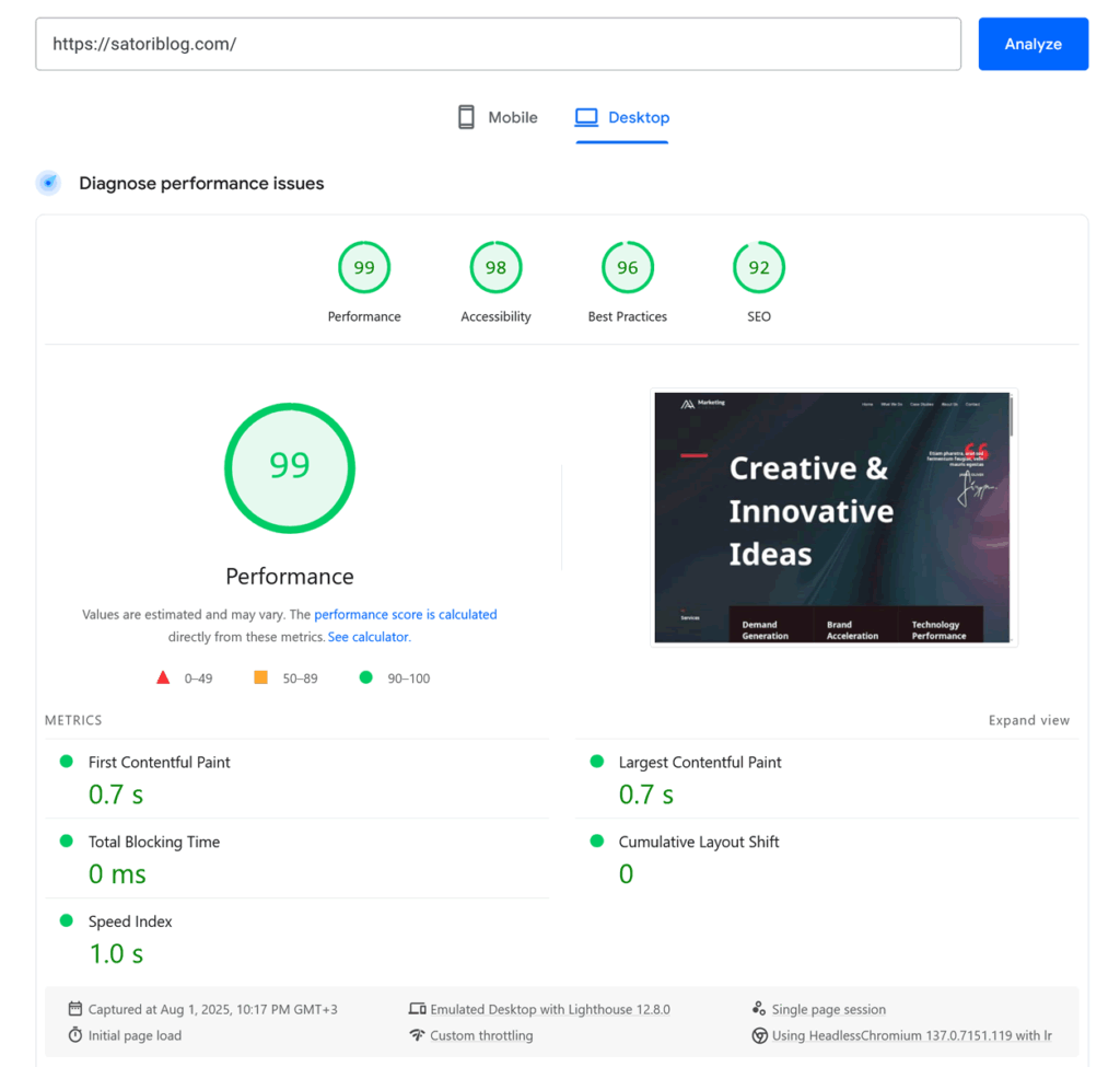 Hostinger speed: Google's PageSpeed Insights