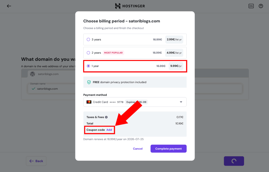 Create blog 2025: domain details at Hostinger