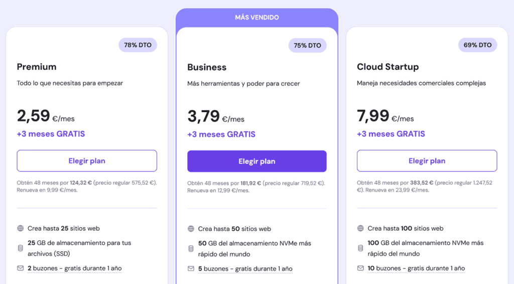 Planes de hosting compartido Hostinger 2025