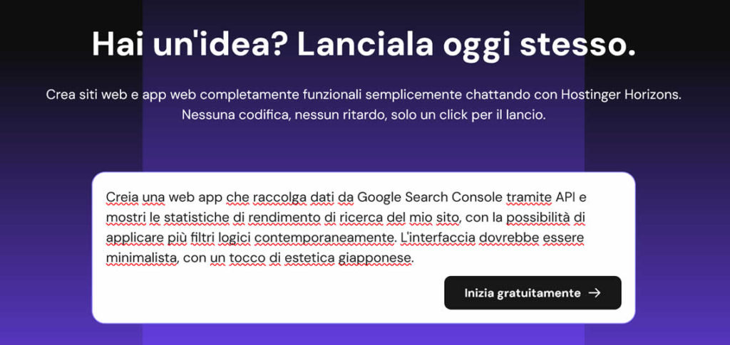 Hostinger Horizons: esempio di prompt