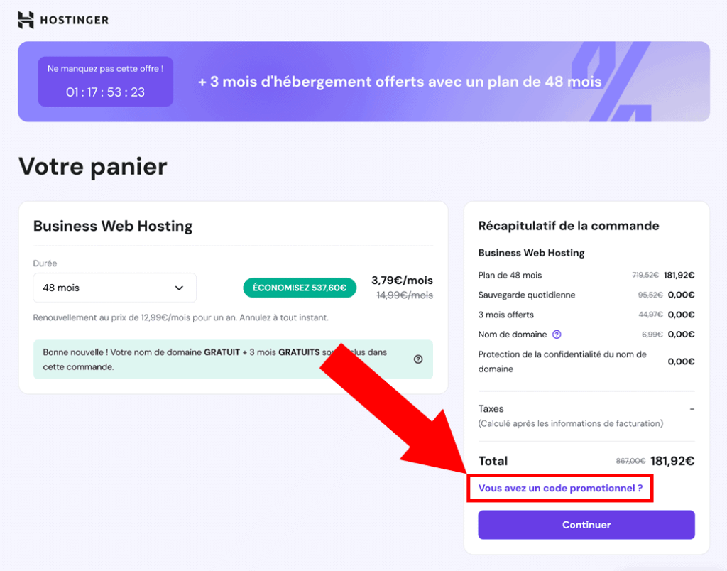 Exemple de champ de coupon Hostinger