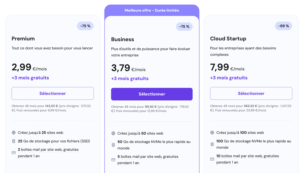 Plans d’hébergement mutualisé Hostinger 2025