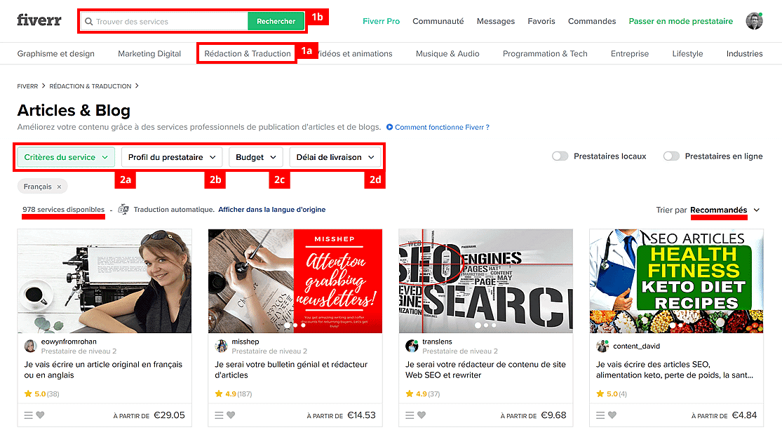 Fiverr: la recherche