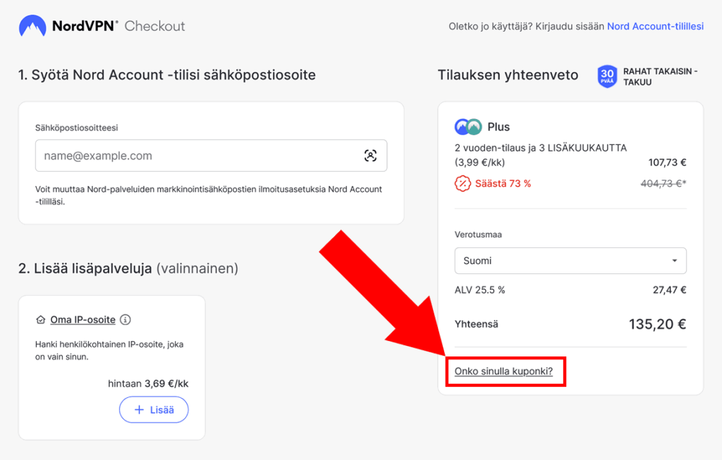 NordVPN kuponki poistaminen kassalla